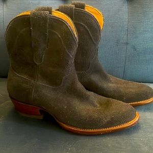 Tecovas Black Suede Ankle Cowboy Boots with Tan Trim